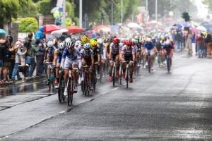 Tour de France cyclist pack racing along the French roads