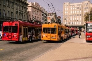 Belgrade city center with a red and yellow bus in the frame