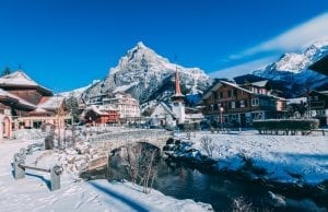 A snowy mountain scene in Switzerland 