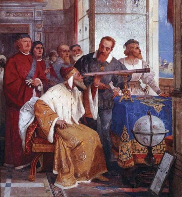 Galileo demonstrating how to use the telescope