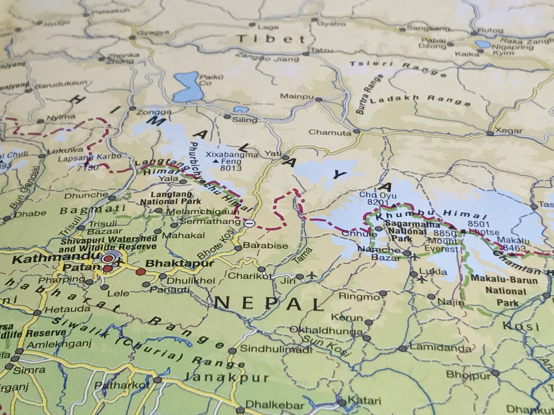 a map of Tibet and Nepal showing the Himalayan Mountains