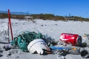 litter on the beach. old fishing line, cans of coke