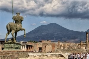 view over Pompeii ruins towards Mount Vesuvius 