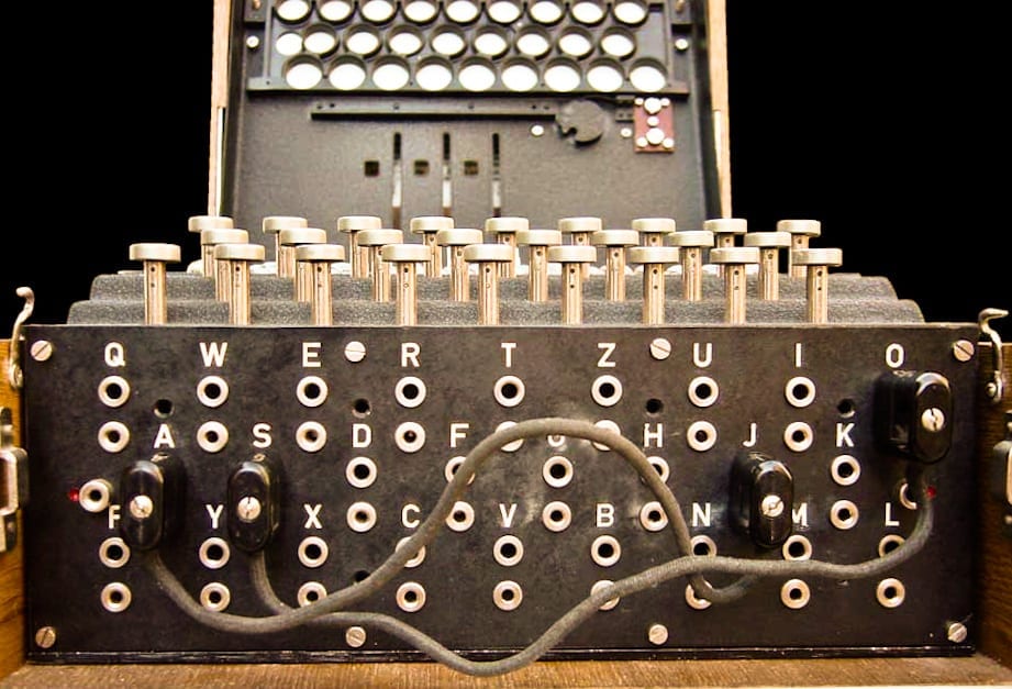 Plugboard of an Enigma machine. During World War II, ten plugboard connections were made.