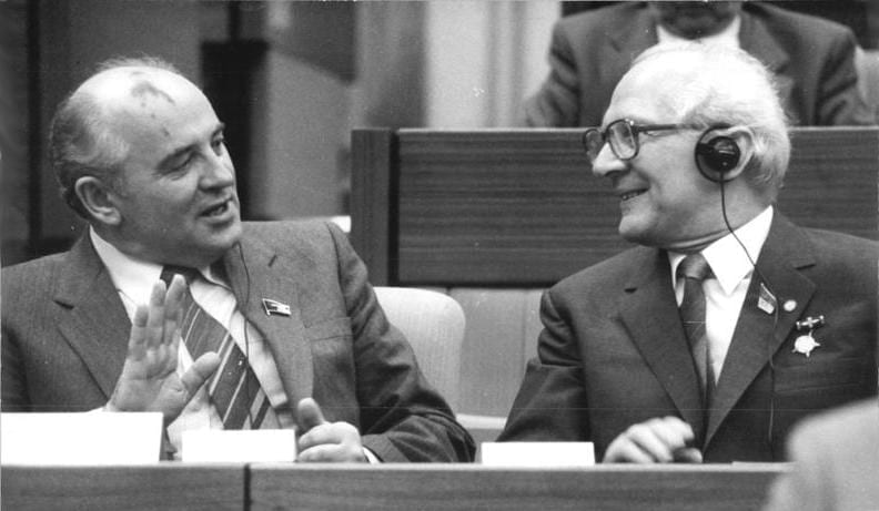 black and white photograph of Mikhail Gorbachev with Erich Honecker