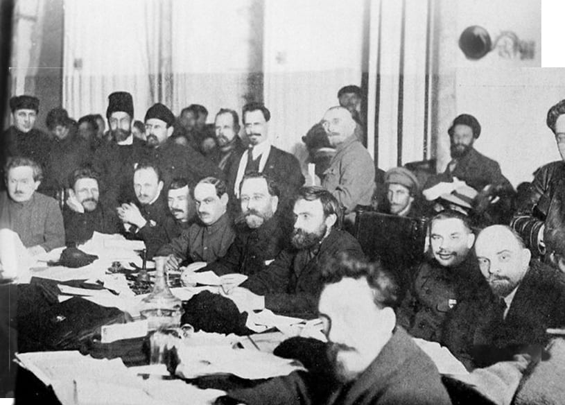 black and white photo of a Bolshevik Party meeting in the USSR