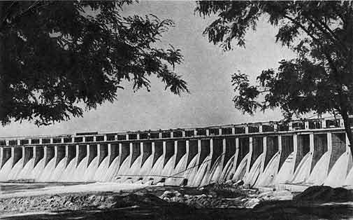 The DniproHES hydro-electric power plant, one of the symbols of Soviet economic power