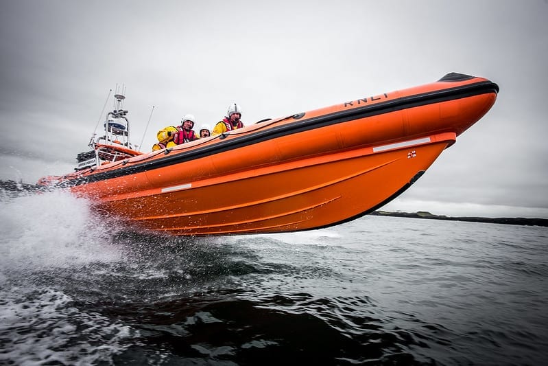 an RNLI fast rib, at speed