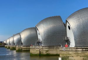 London's Thames Barrier, gleaming in the sunshine