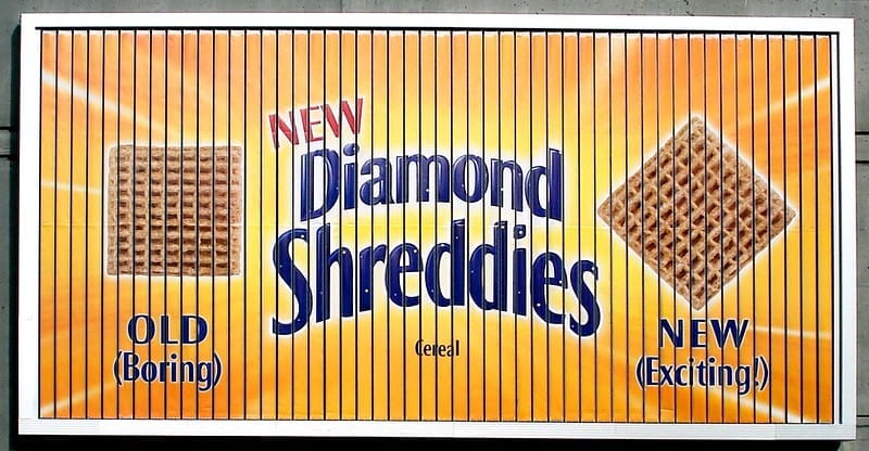advertising hoarding promoting 'New' Diamond Shreddies