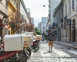 walking down a pretty cobbled street in Buenos Aires