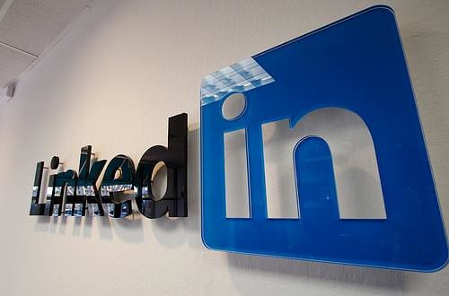 LinkedIn logo on a wall