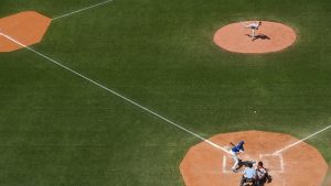 a baseball field with play in action