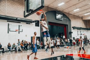 Basketball players on indoor court