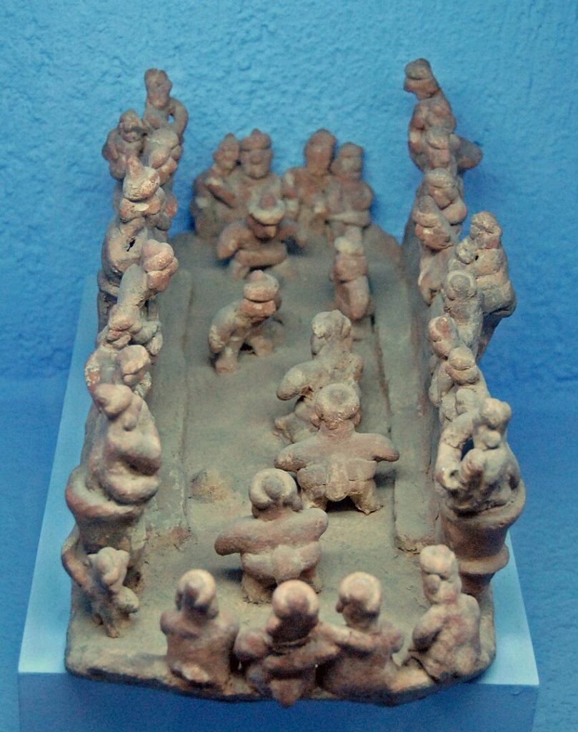 Sculpture depicting players engaged in the Mesoamerican ballgame
