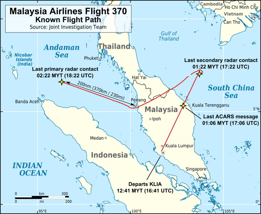 Known flight path taken by Malaysia Airlines Flight 370