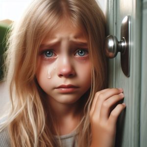 girl crying at front door