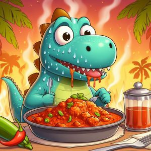 Dinosaur eating a hot curry